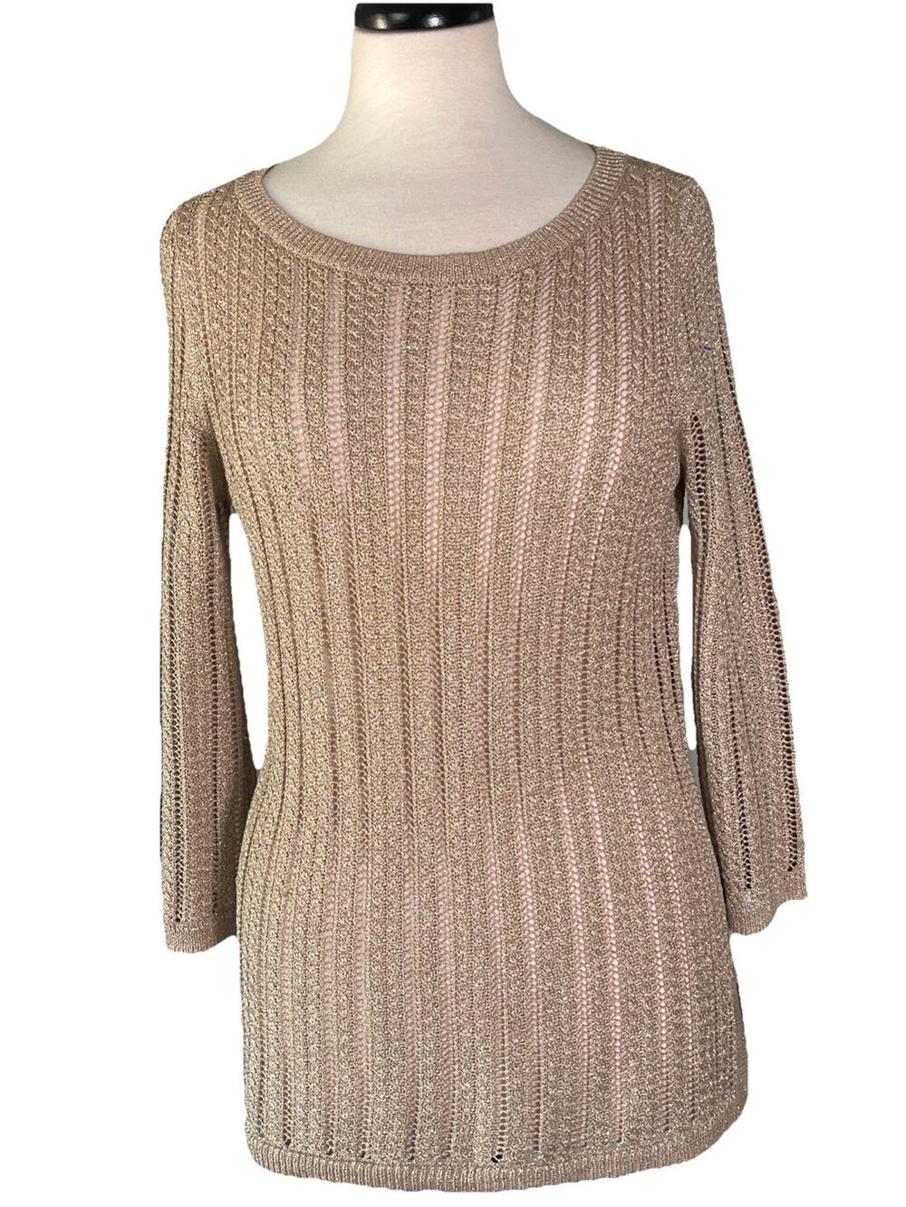 Talbots Women's Beige Metallic Gold Sweater Pullover S Knit Weave Long Sleeve